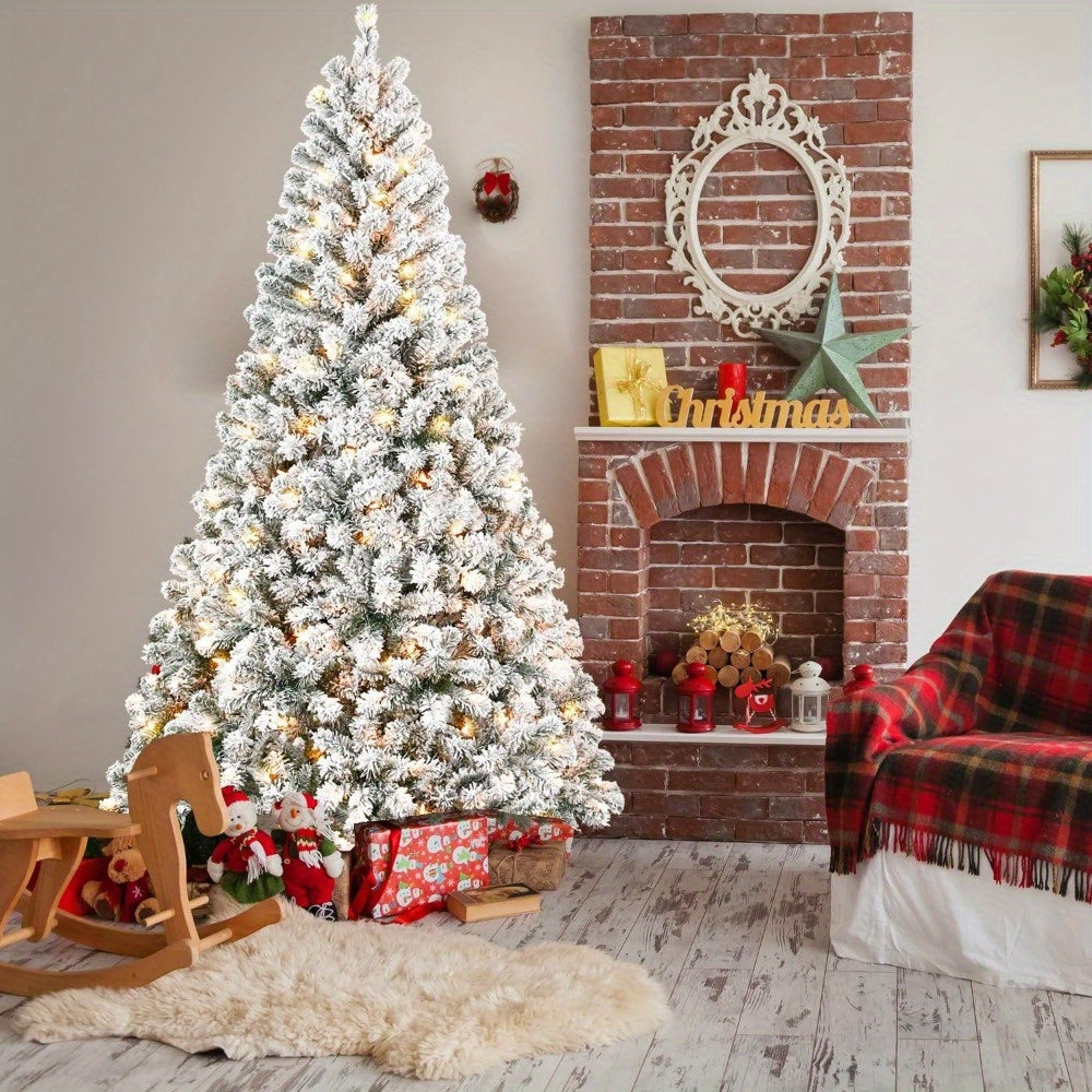 250 Lights 6/7.5/9FT Prelit White Snow Flocked Artificial Christmas Pine Tree with 928 PVC Branch Tips, Metal Hinges Foldable Base for Home, Office Party Holiday Decor, Christmas Decoration