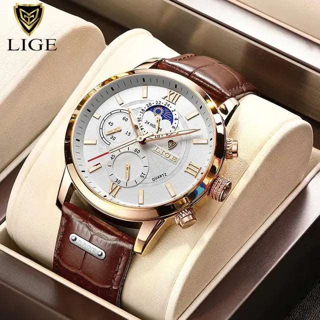 2023 New Mens Watches LIGE Top Brand Luxury Leather Casual Quartz - DISCOVERIES DEPOT