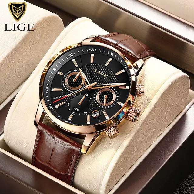 2023 New Mens Watches LIGE Top Brand Luxury Leather Casual Quartz - DISCOVERIES DEPOT