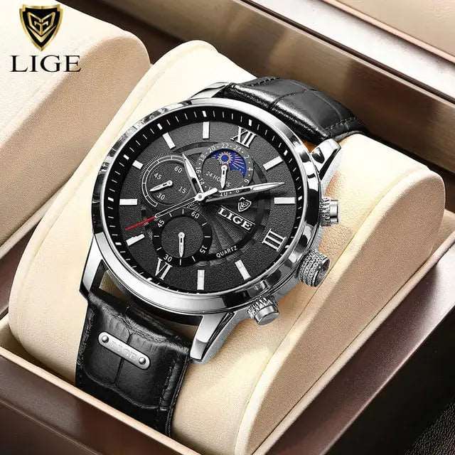 2023 New Mens Watches LIGE Top Brand Luxury Leather Casual Quartz - DISCOVERIES DEPOT