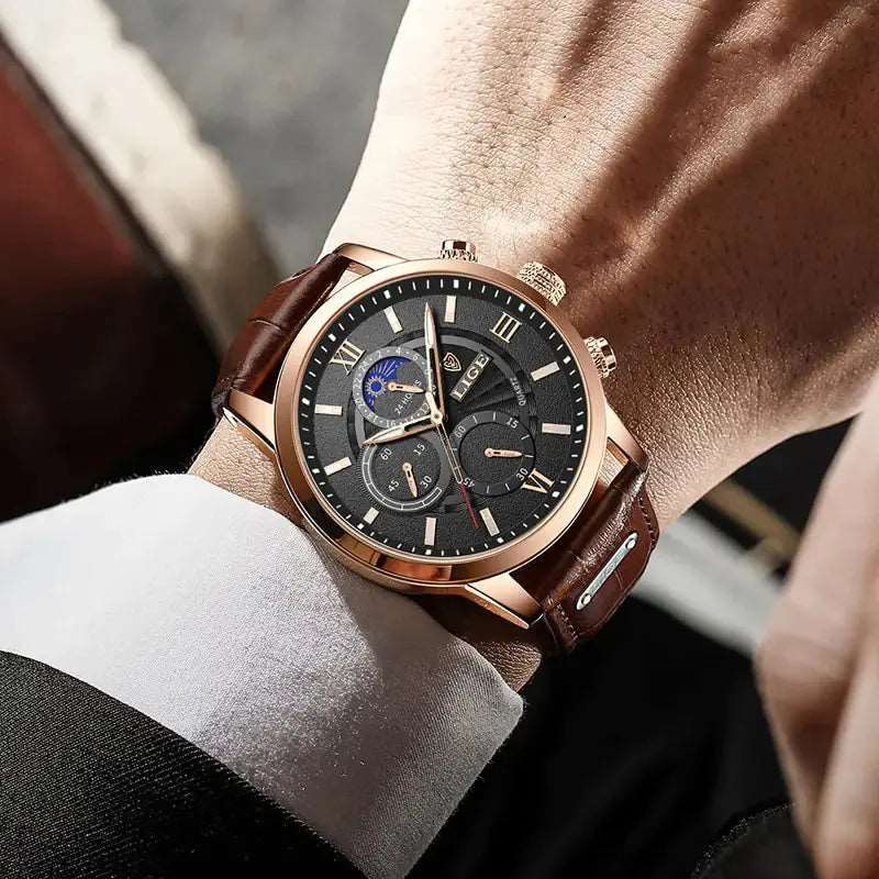 2023 New Mens Watches LIGE Top Brand Luxury Leather Casual Quartz - DISCOVERIES DEPOT