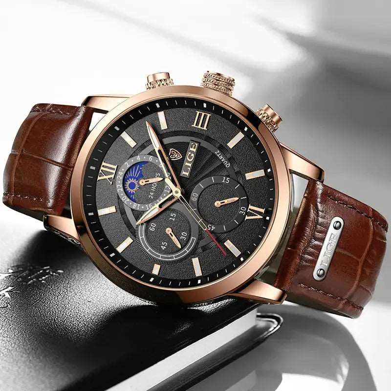 2023 New Mens Watches LIGE Top Brand Luxury Leather Casual Quartz - DISCOVERIES DEPOT