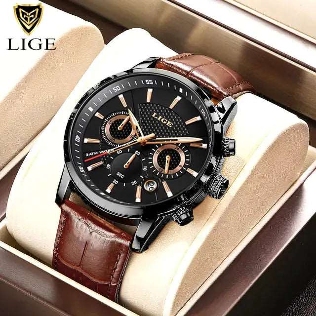 2023 New Mens Watches LIGE Top Brand Luxury Leather Casual Quartz - DISCOVERIES DEPOT