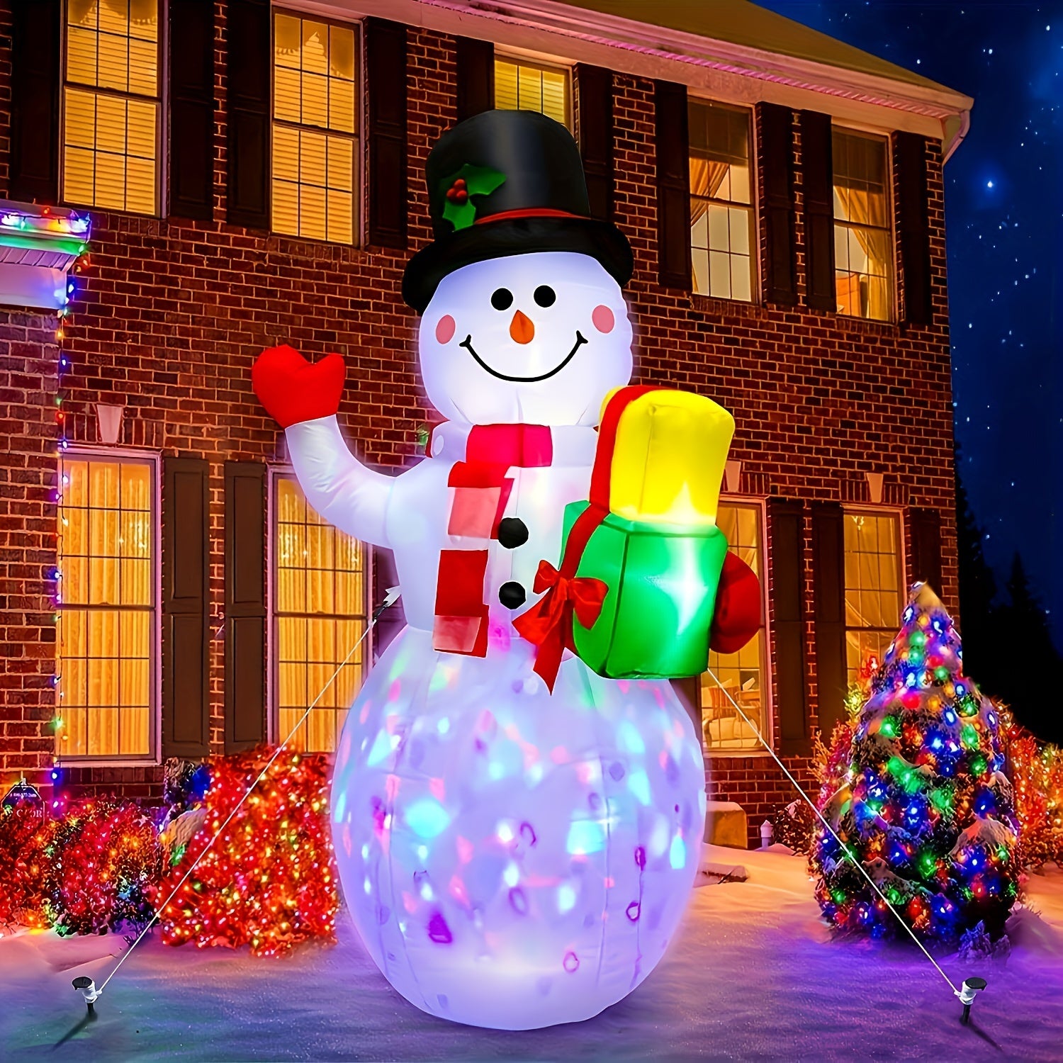 5FT Blow Up Christmas Outdoor Decoration Inflatable Snowman With Built-in Colorful Rotating LED Lights, Cute Snowman With Gift Box For Indoor Outdoor Yard Lawn Garden Holiday Party Xmas Decorations With 4 Pieces Ground Spikes