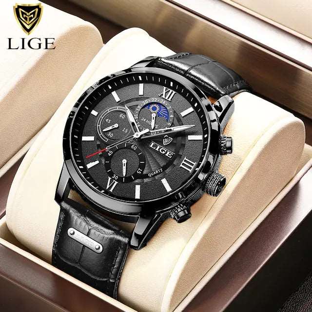 2023 New Mens Watches LIGE Top Brand Luxury Leather Casual Quartz - DISCOVERIES DEPOT