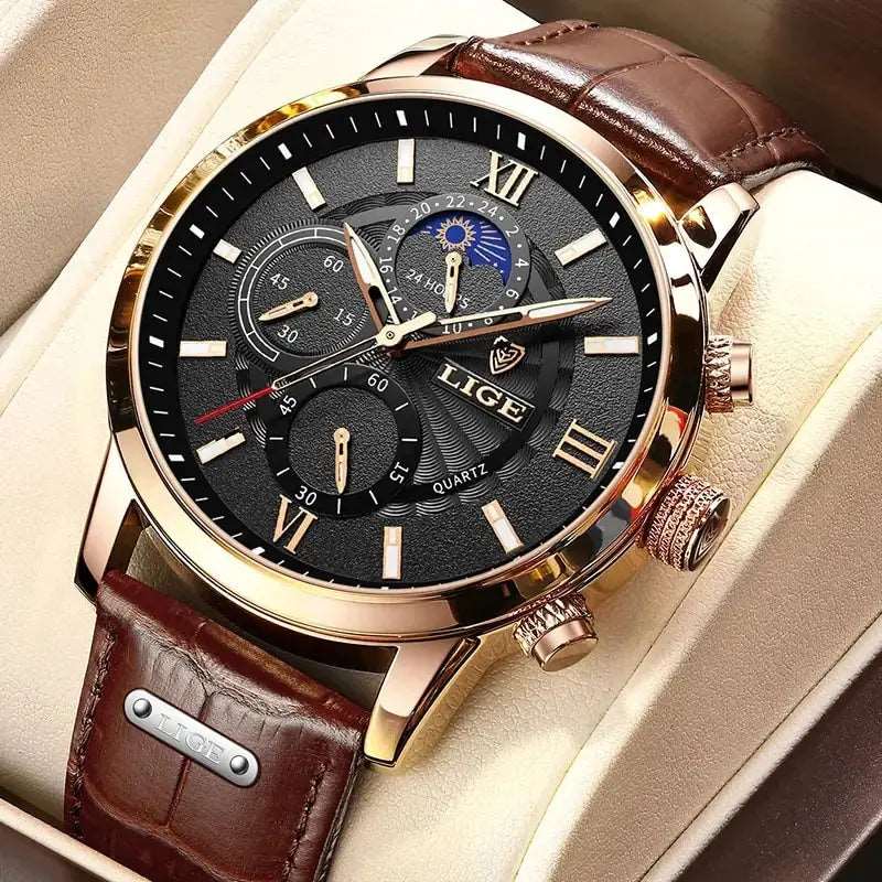 2023 New Mens Watches LIGE Top Brand Luxury Leather Casual Quartz - DISCOVERIES DEPOT