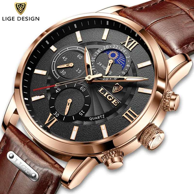 2023 New Mens Watches LIGE Top Brand Luxury Leather Casual Quartz - DISCOVERIES DEPOT