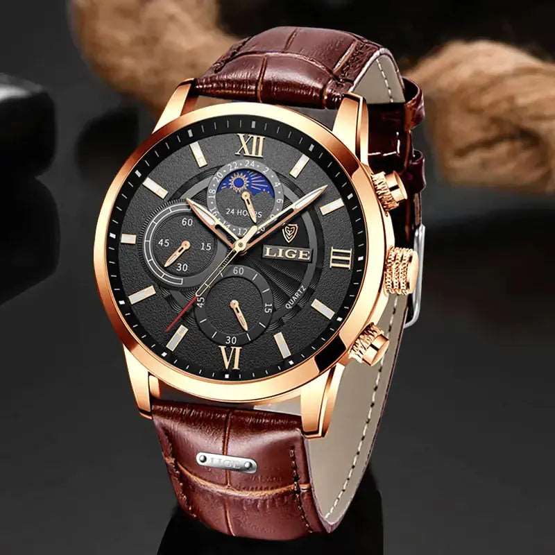 2023 New Mens Watches LIGE Top Brand Luxury Leather Casual Quartz - DISCOVERIES DEPOT