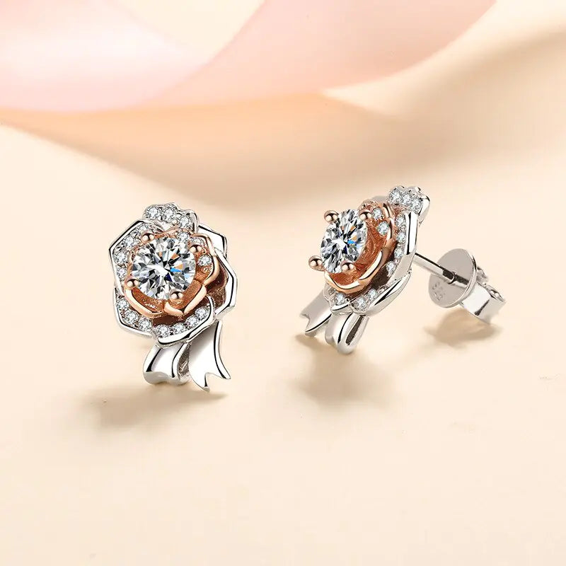 Silver Sparkling Rose Stud Earrings - DISCOVERIES DEPOT